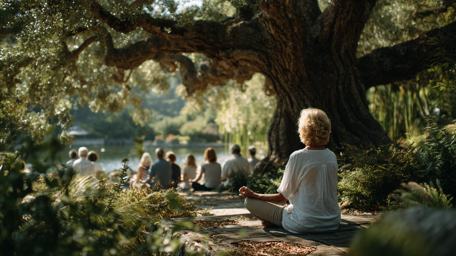 Інструктор проводить заняття йоги для групи літніх людей у парку